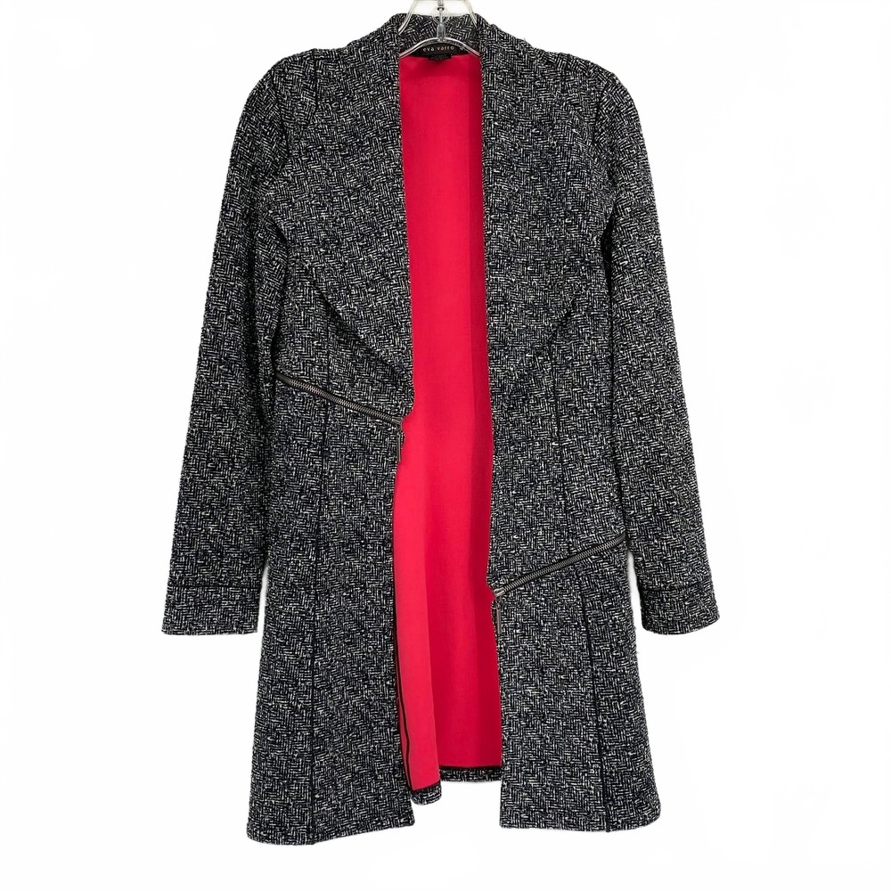Eva Varro Black White Patterned Zipper Accent Duster Jacket | Women’s M